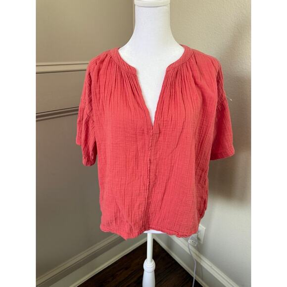 Xirena Gauze V-neck Short Sleeve Cotton Gauze Top Dark Pink Size XS - Picture 1 of 5